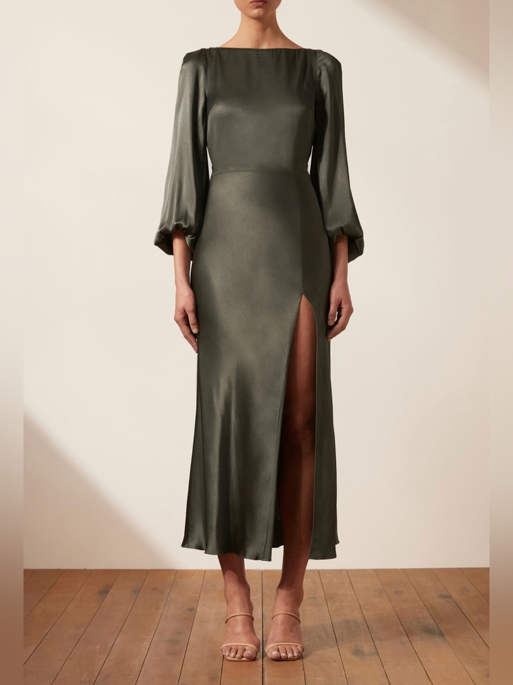 Shona Joy La Lune Balloon Sleeve Backless Midi Dress Slit Olive Green Size 4